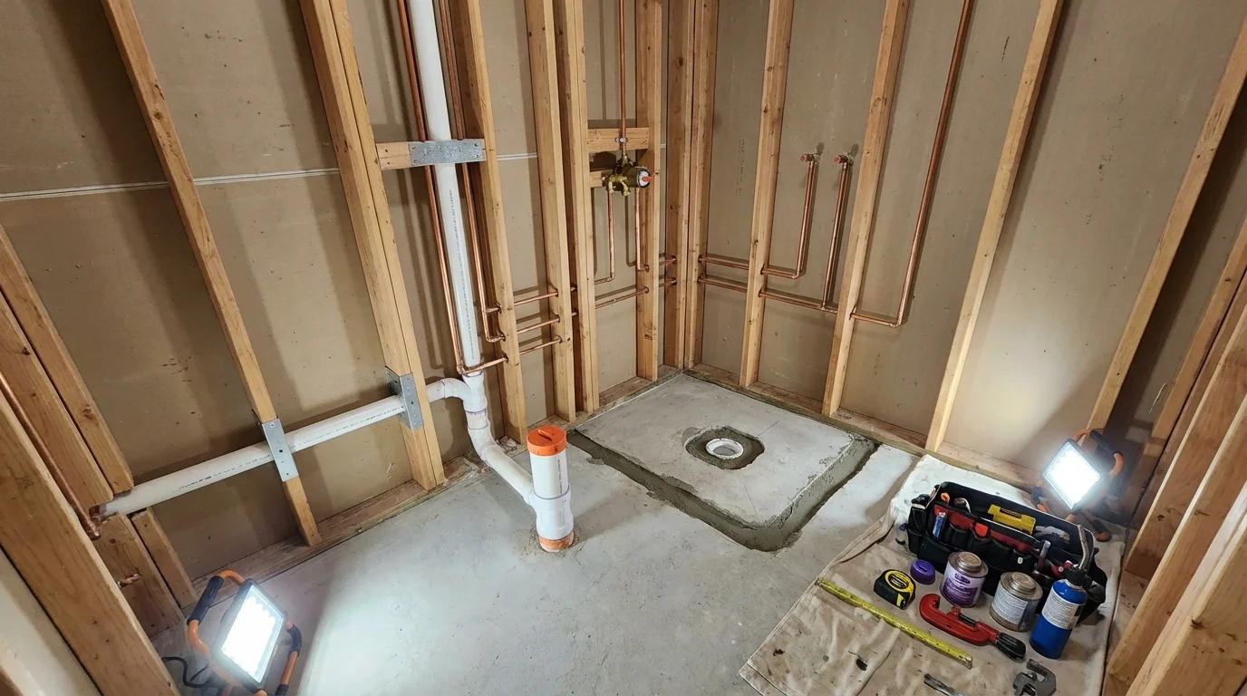 Bathroom rough-in plumbing during remodel by Johns Plumbing LLC in Anza