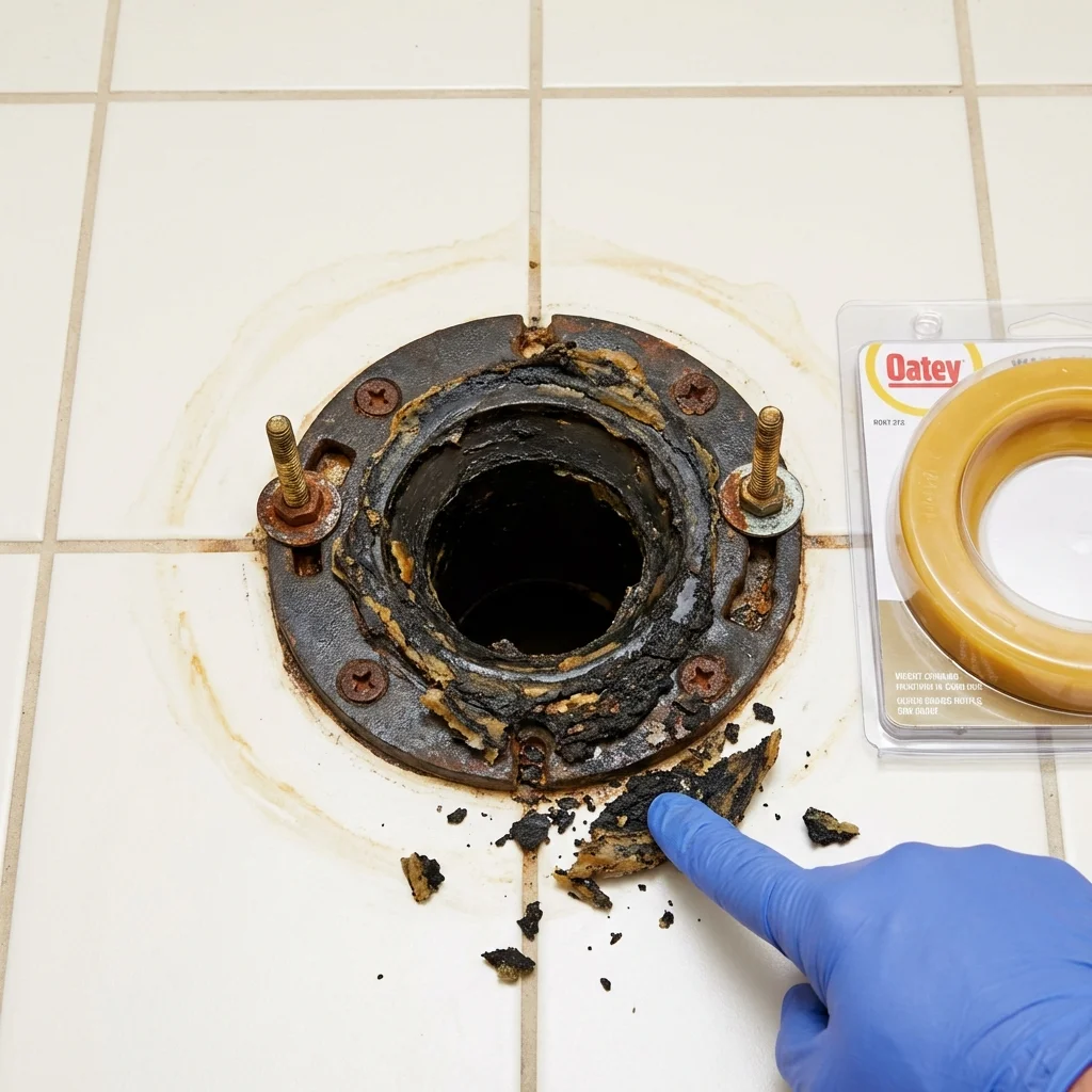 Failed wax ring showing water seepage at the base of a toilet in a Anza, CA home