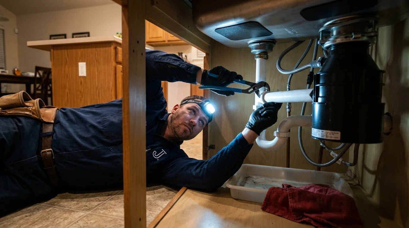 P-trap and supply line connections under a kitchen sink showing a common leak point in Anza, CA